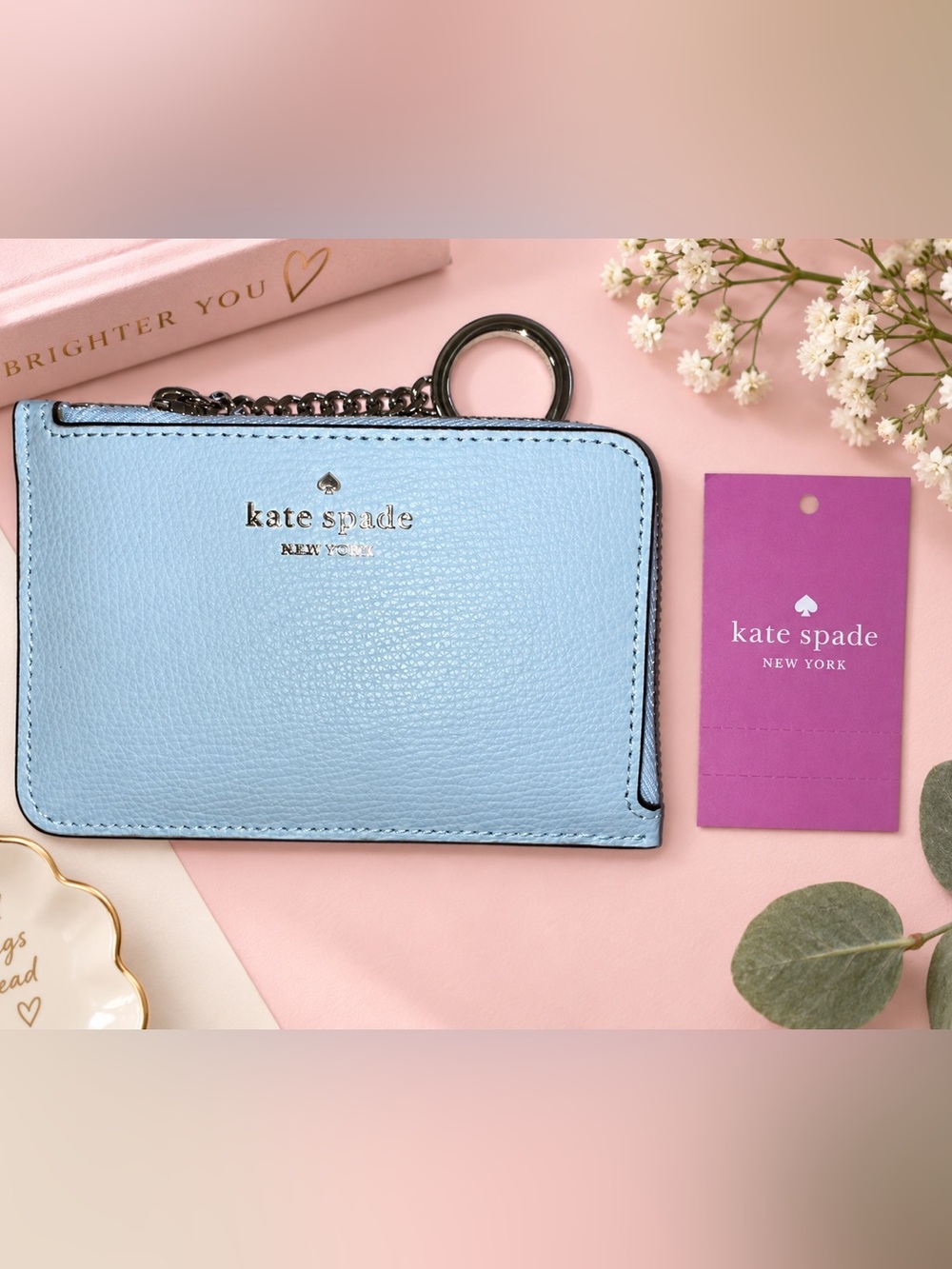 NWT Kate Spade Darcy Medium L-Zip Card Holder Blue Glow Leather